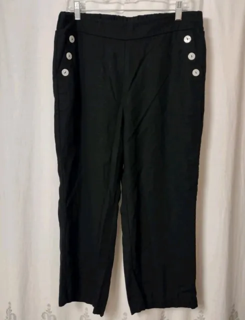 Joie Size Large Black Linen Womens Cropped Pants Wide Leg Pull On Elastic Waist