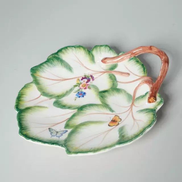Jeanne Reeds Italian Majolica Ceramic Leaf Form Plate Dish Tray w Butterflies