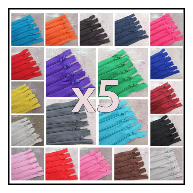 X 5 ZIPS No.3 CLOSED END 4" - 26" NYLON ZIPS *26 COLOURS* SEW CUSHIONS AUTO-LOCK