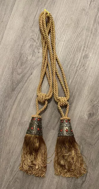 vintage pair Brass Metal, gold, red beaded curtain tiebacks