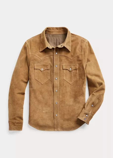 Men's Lambskin Leather Brown Suede Shirt Jacket Biker Motorcycle Slim Fit Jacket