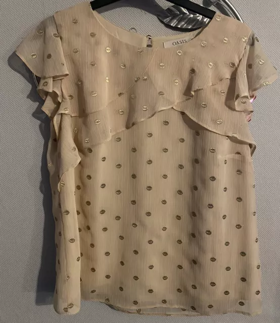 Oasis Nude/Gold Spot Frill Blouse Size 12/14