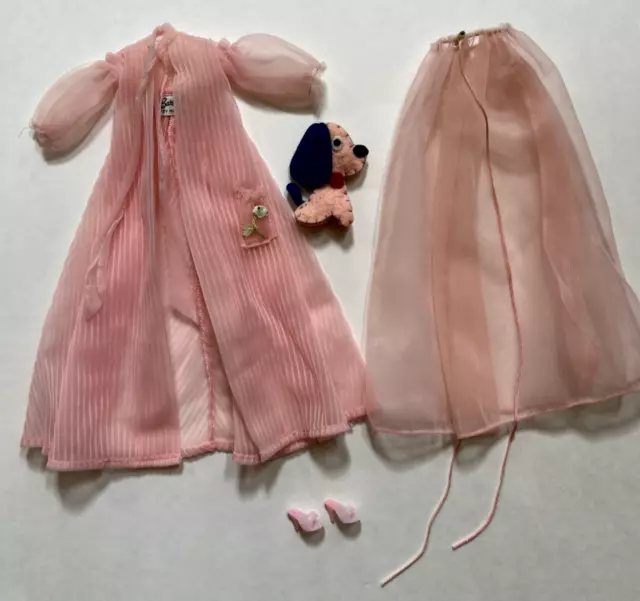 Vintage Barbie Nighty Negligee #965 Light Pink Robe, Night Gown, Mules, Nice,