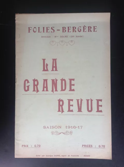 Ancien Programme Theatre Folies Bergères Rouen la Grande Revue 1916 1917 TBE