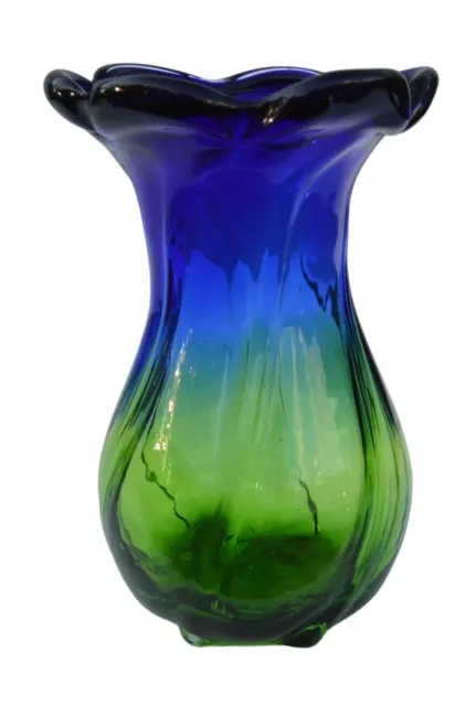Vintage Handblown Bohemia Blue & Green Glass Swirl Vase Nice! Floral Murano Type