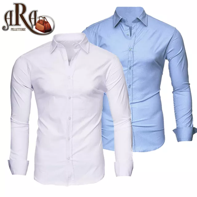 Camicia Uomo Celeste Bianca Slim Fit Elegante Manica Lunga Cotone VARIE TAGLIE