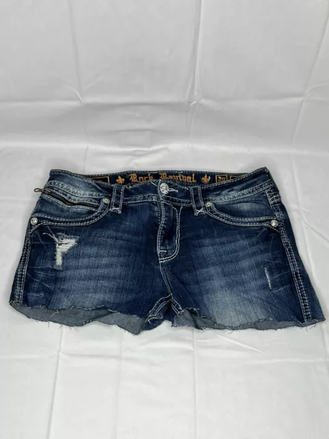 Women's Rock Revival Lam Mid-Rise Blue Denim Cut Off Jean Shorts Sz 29