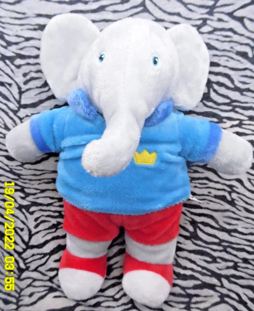 🐞 Doudou Lansay Elephant Babar Gris Bleu Rouge Couronne 30Cm Etat Neuf
