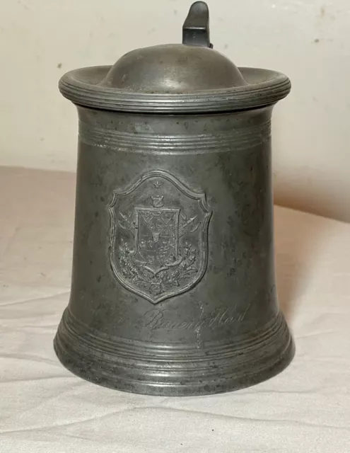 antique 1800's handmade pewter lidded coat of arms presentation beer stein mug