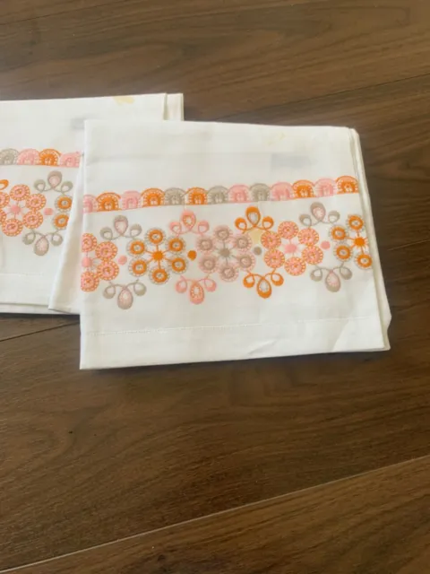 Vintage Horrockses Embroidered Pair Of Pillow Cases Orange and pink floral