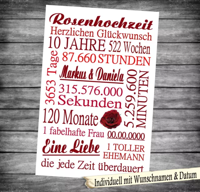 Urkunde Karte  Rosenhochzeit 10 Jahre mit Namen & Datum Geschenk A4