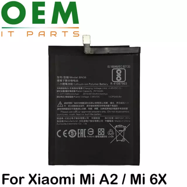 For Xiaomi Mi A2 Battery / Mi 6X Battery Replacement 3010mAh 3.85V BN36 New