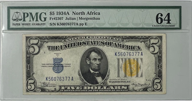 1934-A North Africa $5 Fr. 2307 WWII Emergency Issue Silver Certificate/PMG CU64