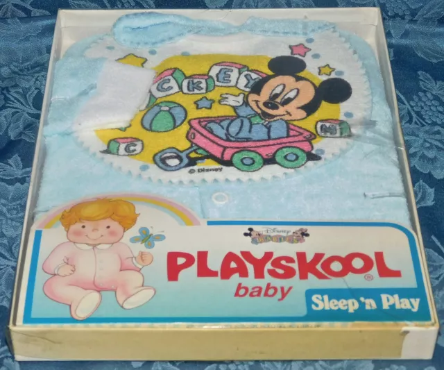 Vintage 1980s Playskool Mickey Mouse Disney Babies Sleep n Play Baby New + BIB