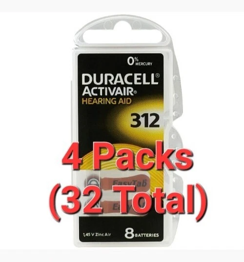 32 PIEZAS baterías para audífonos Duracell Activair, talla 312, caducidad 2026 (4 paquetes de 8)