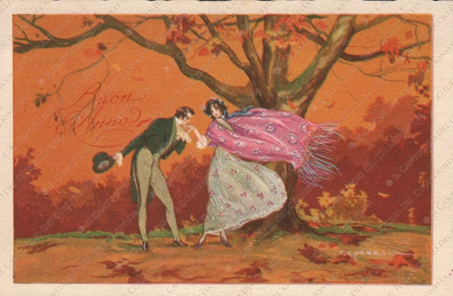 1926 Buona Anno coppia di innamorati all’aperto Tito CORBELLA Cartolina