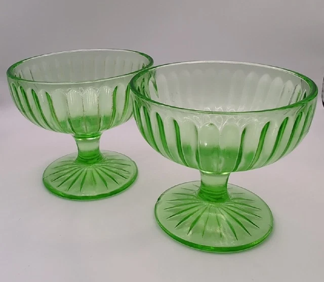 Pair Vintage Green Uranium Glass Footed Sundae Sherbet Berry Dishes UV Glowing