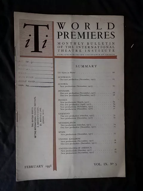 International Theatre Institute World Premier - Feb 1958 Vol 9 #5