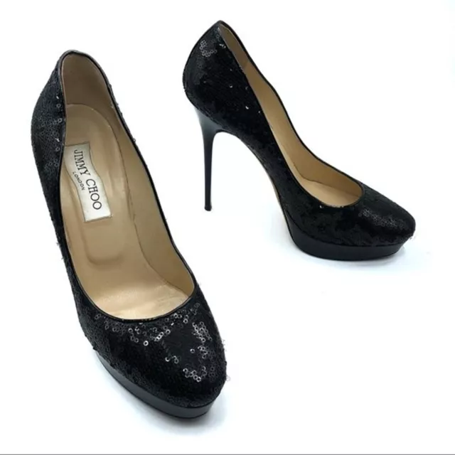 Jimmy Choo Black Cosmic Sequin Patent Leather Platform Heels Pumps Size 38.5