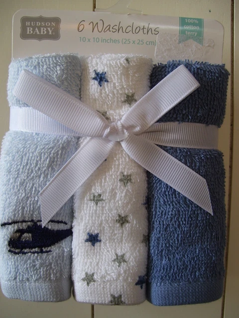 Boys Hudson Baby 6 Pack Helicopter Star Solid 100% Cotton Terry Washcloths