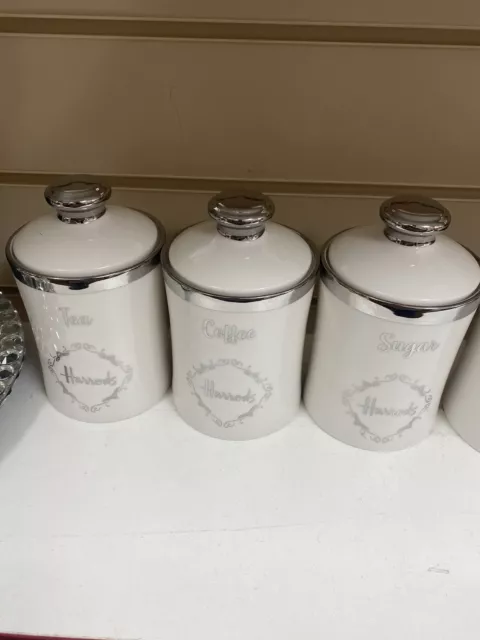 Harrods Tea Coffee Sugar Jar White Storage Set Ceramic Air Tight Canisters 15 cm