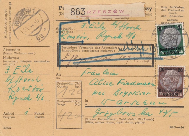 GG Inlandspaketkarte Rzeszow nach Warschau, Fehlgemeldet