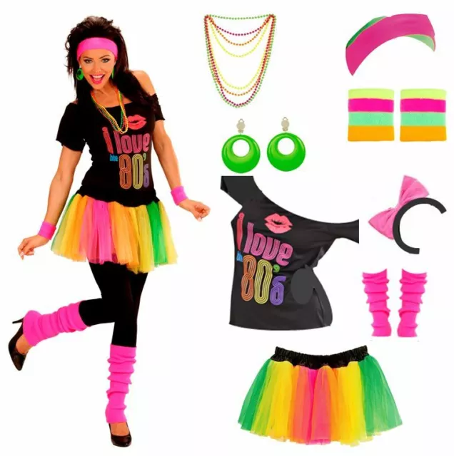 80er Jahre Kostüm Damen Neonkleid Popstar Girly Mode Outfit Disco Rockstar  Party