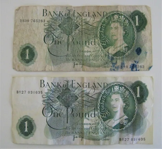 Vintage  70'S - Bank Of England   1.00 One -  Pound  Lot Of 2 - Notes  -  !