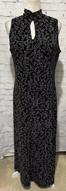 Coldwater Creek Sleeveless Mock T-Neck Key-Hole Maxi Dress Black & Floral 16