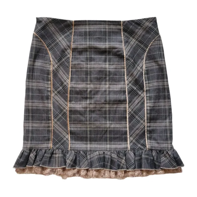 Bebe Short Skirt Size 4 Brown Tan Plaid Lace Ruffle Hem Lined Silk Academia Y2K