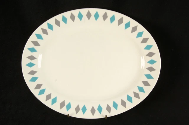 Homer Laughlin China Oval Serving Platter MCM Gray  Aqua Diamonds 1960