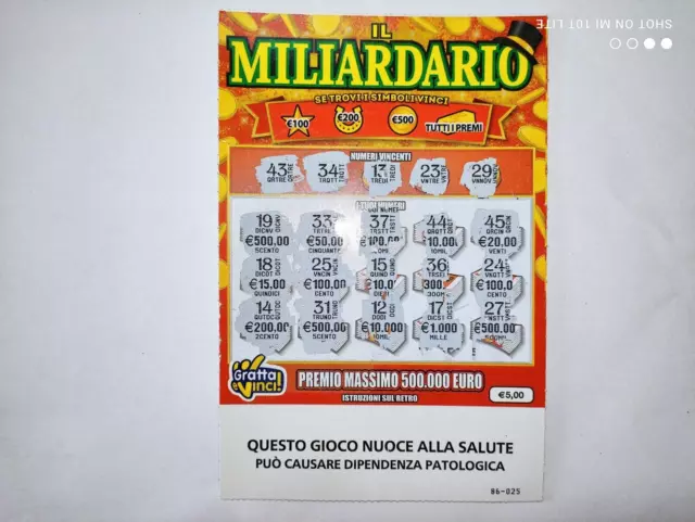 Biglietto Lotteria Gratta Evinci Ilmiliardario Italia 2005