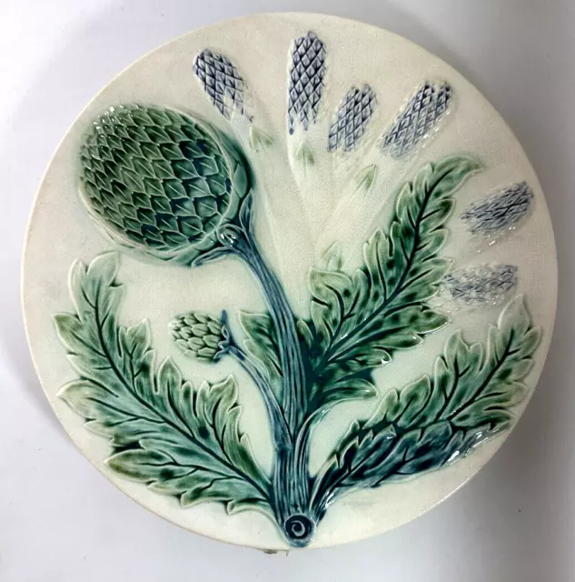 ANTIQUE Antique French Majolica Artichoke and Asparagus Plate Circa 1880