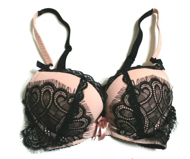 Black Hot Pink lace underwire push-up Bra- satin bow detail - Size