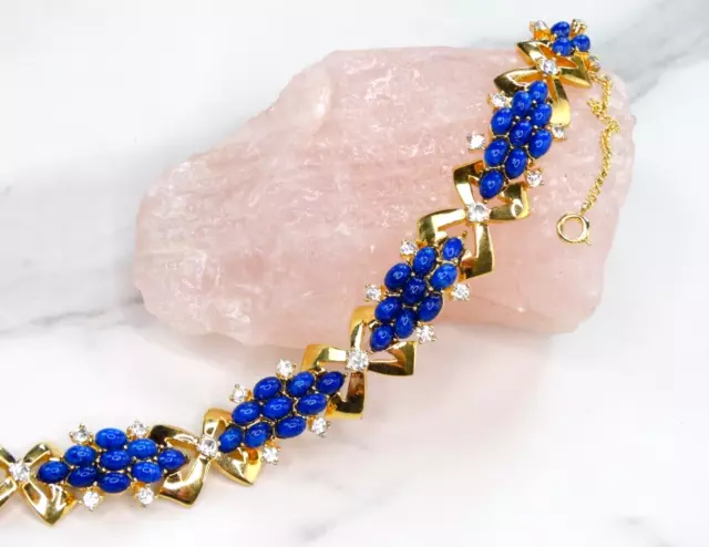 Jomaz Joseph Mazer Vtg Ornate Deco Lapis Glass Cabs Crystal Gold Bow Bracelet 7"