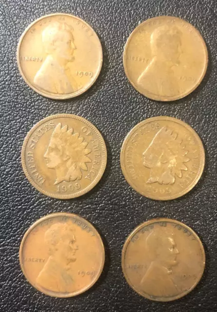 1909 Lincoln x2 1909VDB Lincoln x2 1909 Indian Head x2 Cent Penny (6)x Coin Lot