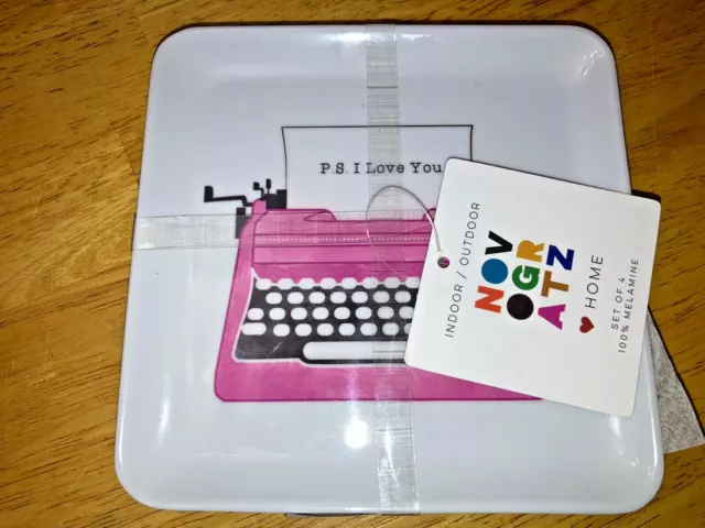 Novogratz Valentine's Love Typewriter 4 Melamine Appetizer Snack Plates Set 5"