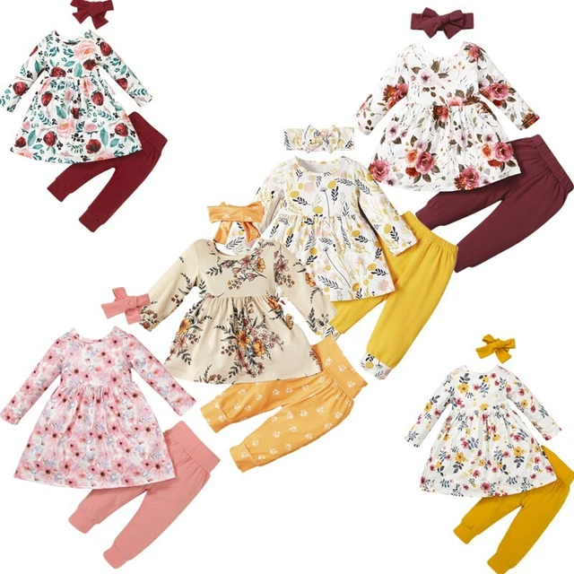 Abiti floreali per bambine a maniche lunghe abito top nodo fiocco pantaloni fascia