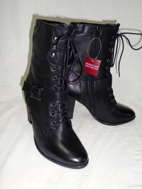 Duca Enrico Bottines À Talon En Cuir Noir 38 Neuf