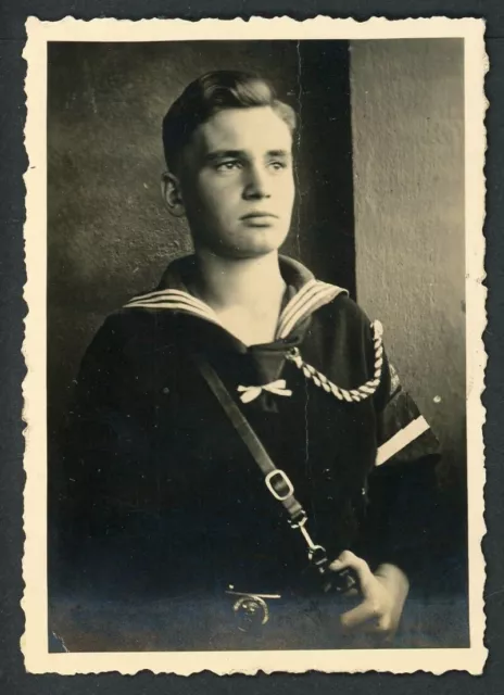 German WW2 Photo Portrait Marine Jugend Boy In Sailor Uniform Armband