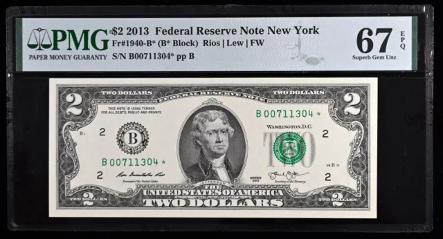 2013 $2 Star Federal Reserve Note New York Pmg 67 Epq  Fr. 1940-B*