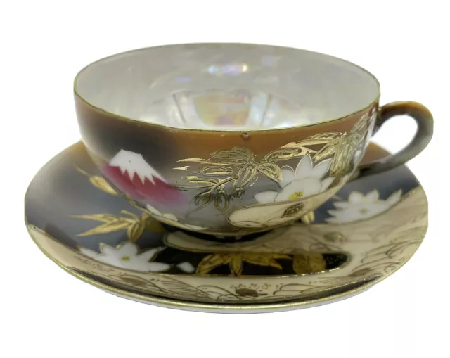 Vintage Tea Cup And Saucer Gold Gild Lusterware Iridescent Mountain Scene JAPAN