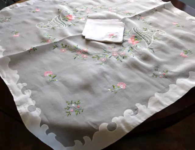 Vintage Madeira Embroidered Linen Organdy Square Tablecloth & Napkin