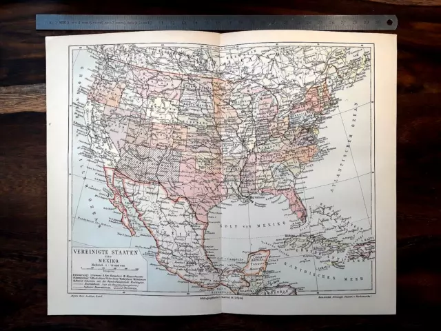 Alte Lithographie, Vereinigte Staaten und Mexiko, ca. 1920, Landkarte, USA 2
