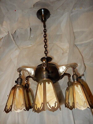 6-Light Art Nouveau Arts & Crafts Brass Chandelier w Reticulated Slag Glass Pane