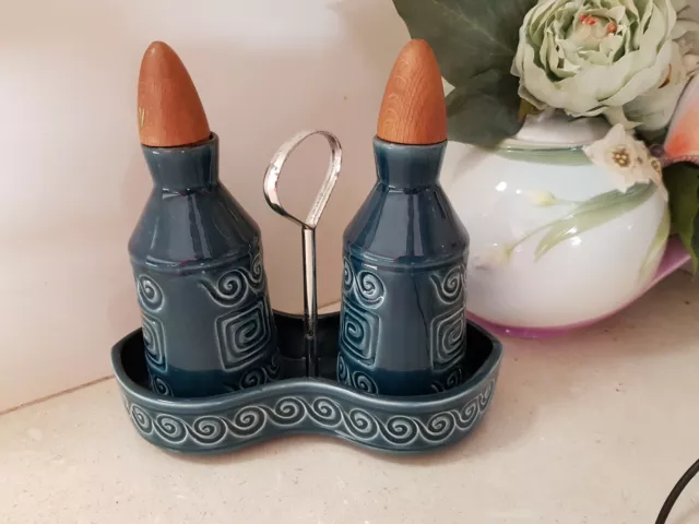 SylvaC English Vintage Blue Condiment Set Pottery with cork stopper