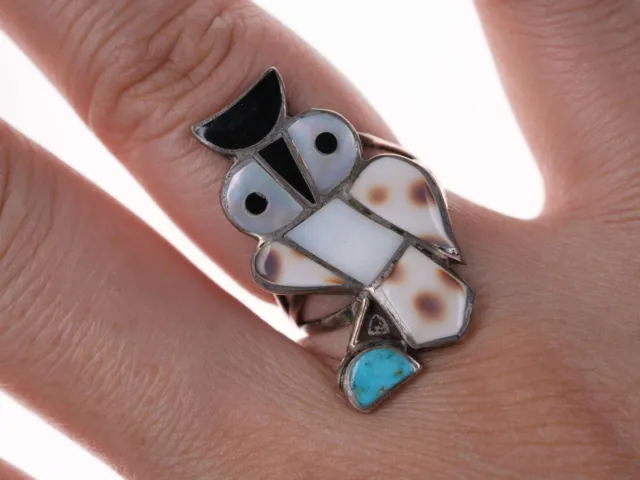 Vintage Zuni Native American Sterling Channel inlay Owl ring