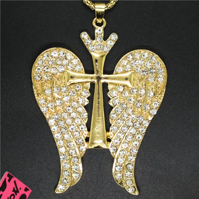 Hot Holiday gifts White Cute Crown Wings Cross Crystal Pendant Chain Necklace