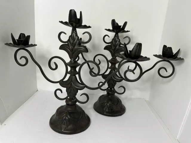 set of two Cast Iron Ornate 3 Arm Candle Tabletop Candelabra Dark Goth