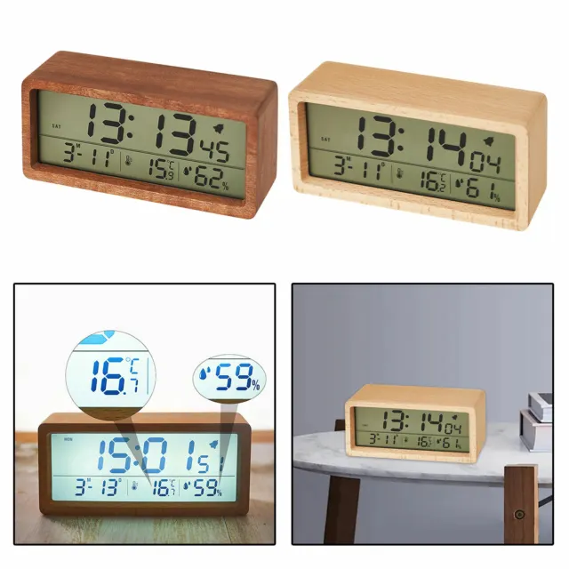 Wood LCD Alarm Clock Time Display Snooze Mode Bedroom Kids Room Clocks